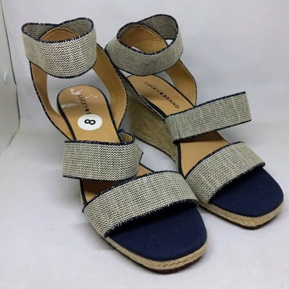 Lucky Brand Mindara Size 8 Woven Espadrille Wedge-Elastic Ankle Band-Jute-NWOT